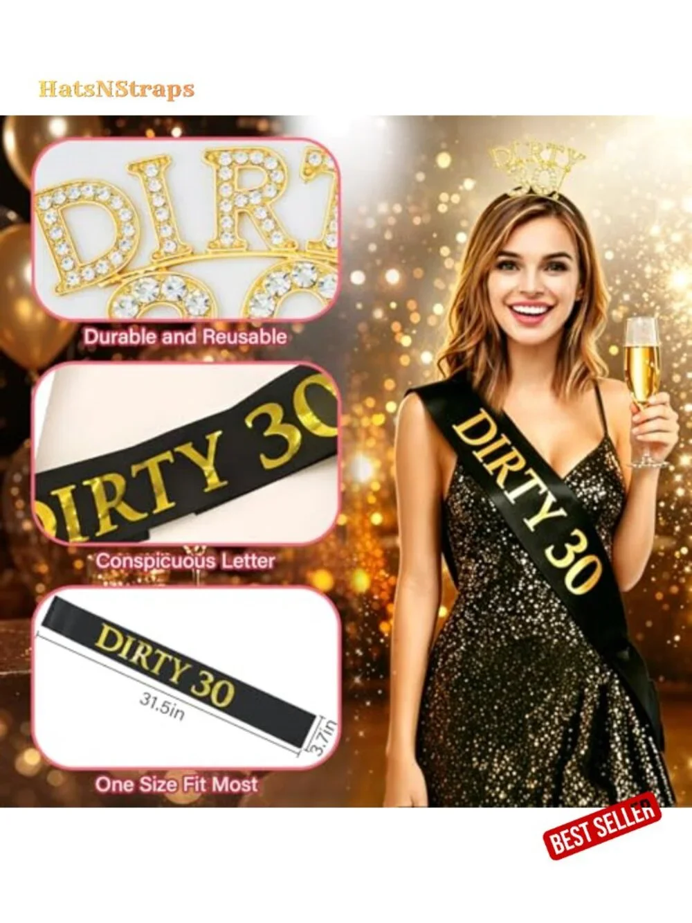 Gold Rhinestone Crown Headband & Black Sash Set for 30th Birthday